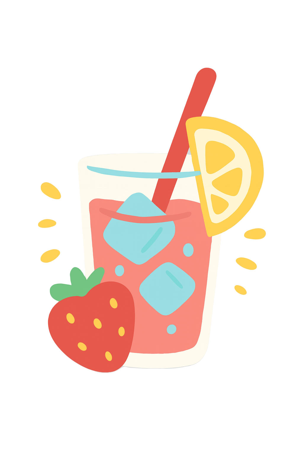 Illustration of a pink drink with ice, lemon, strawberry, and straw on a gray background