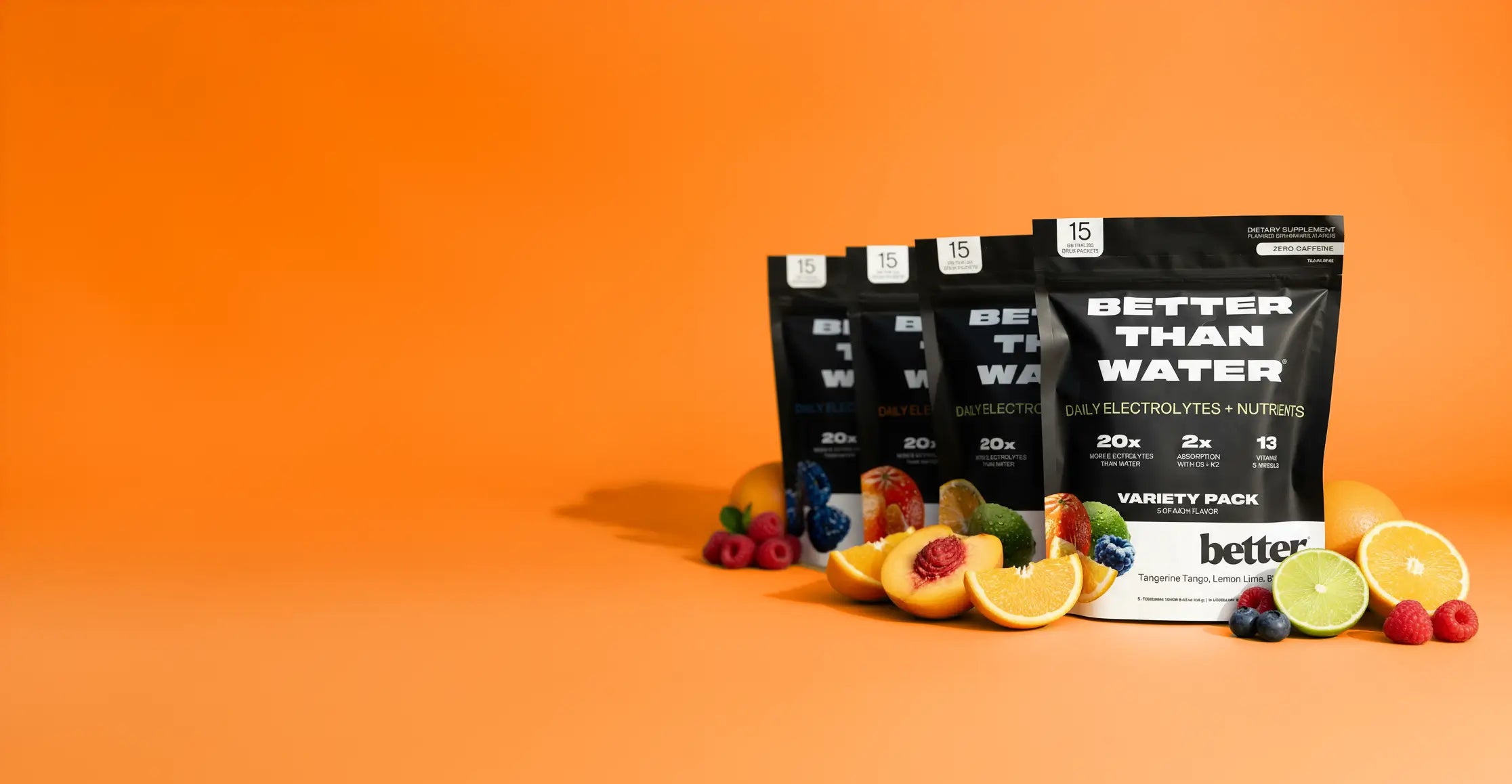 Better Than Water packaging with fruits on an orange background