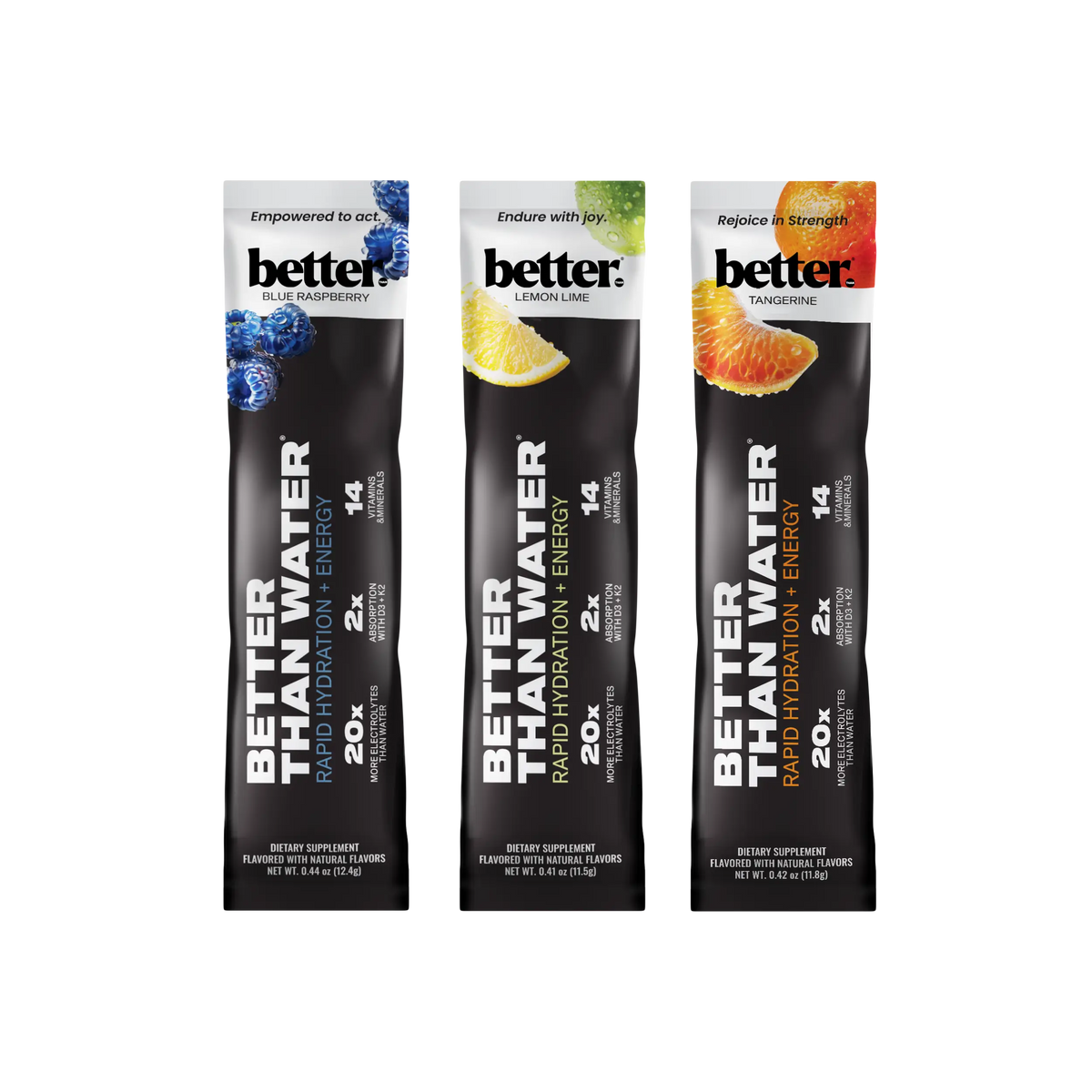 3 Better Than Water hydration stick packs in blue raspberry, lemon lime, and tangerine tango