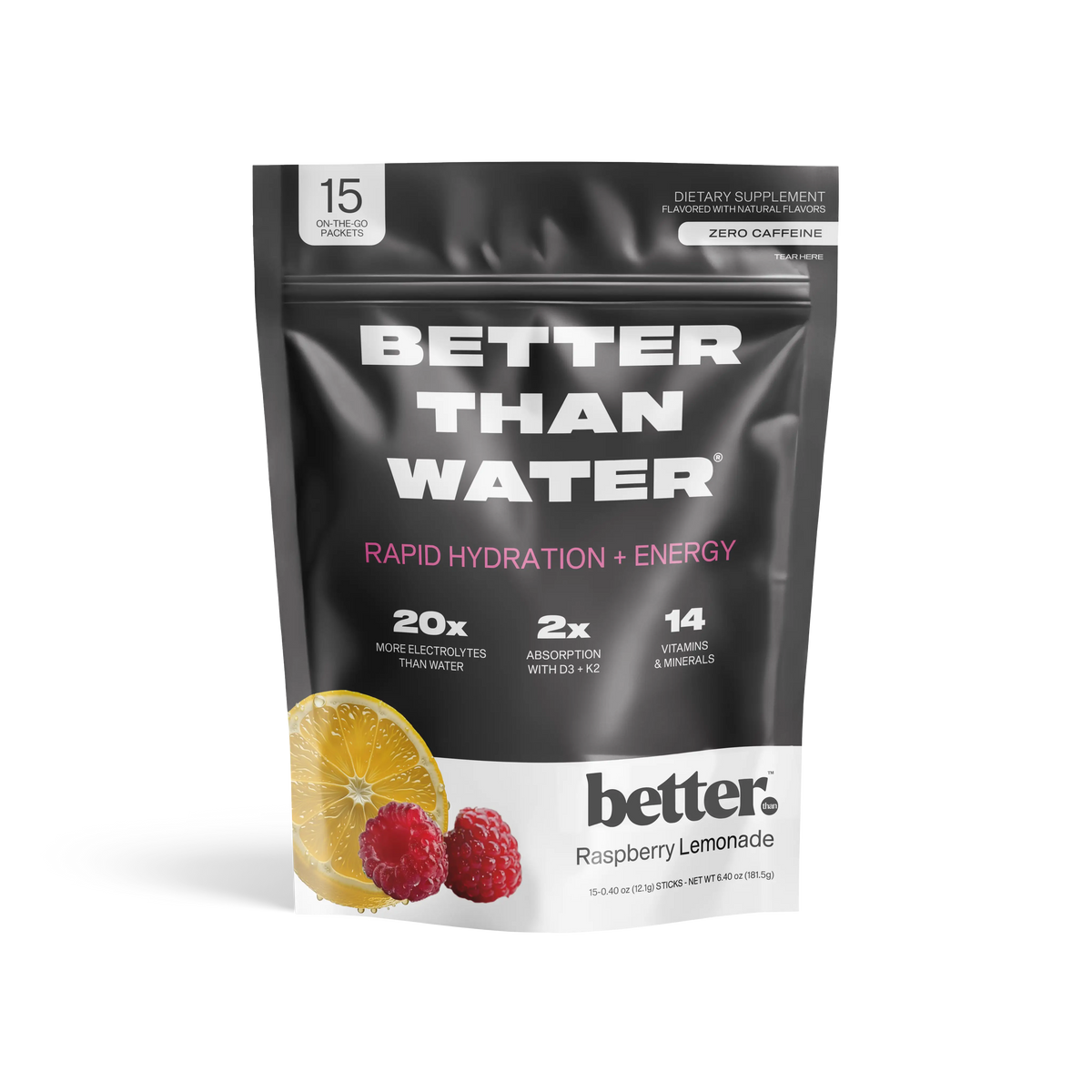 Better Than Water package with raspberry lemonade flavor
