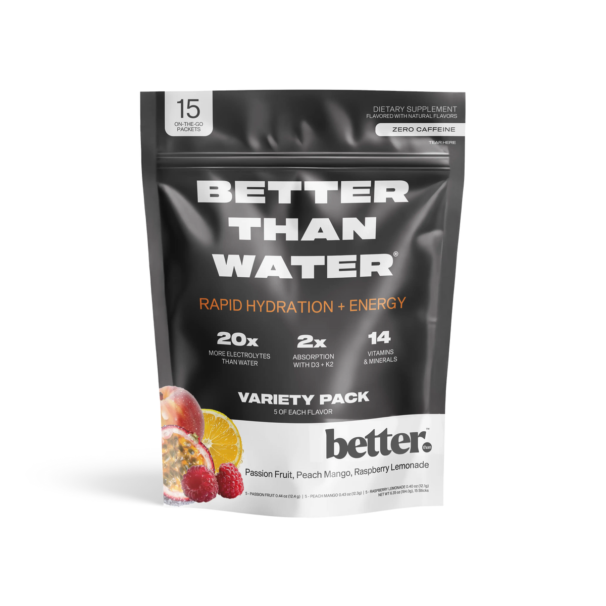 Black package of 'Better Than Water'  variety pack with fruit illustrations for peach mango, passion fruit and raspberry lemonade