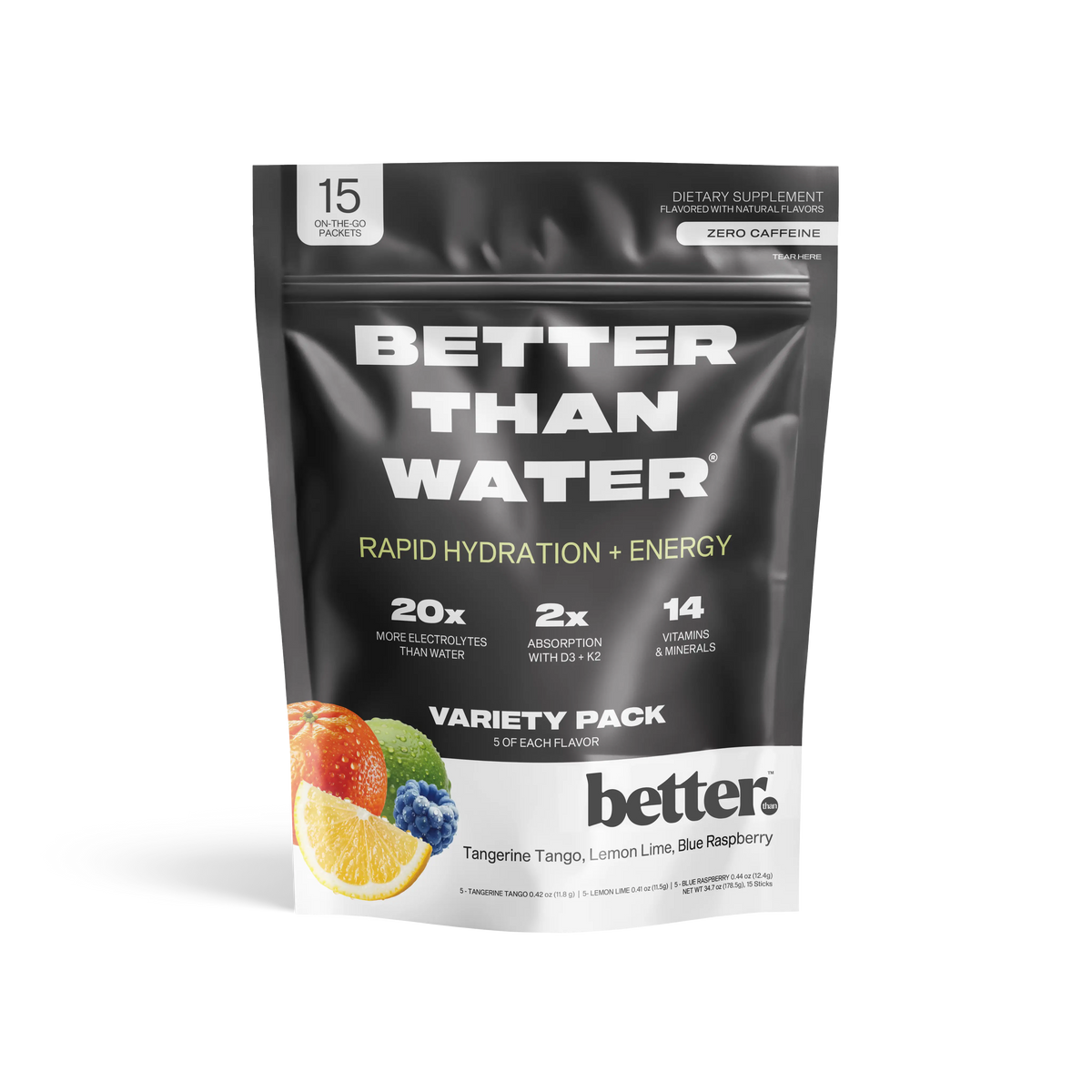 Black packaging of 'Better Than Water' variety pack with tangerine tang, lemon lime and blue raspberry illustrations