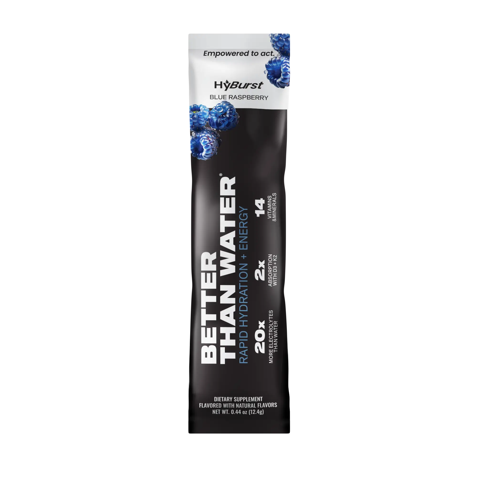 Hydration powder packet with blue raspberry flavor on a white background