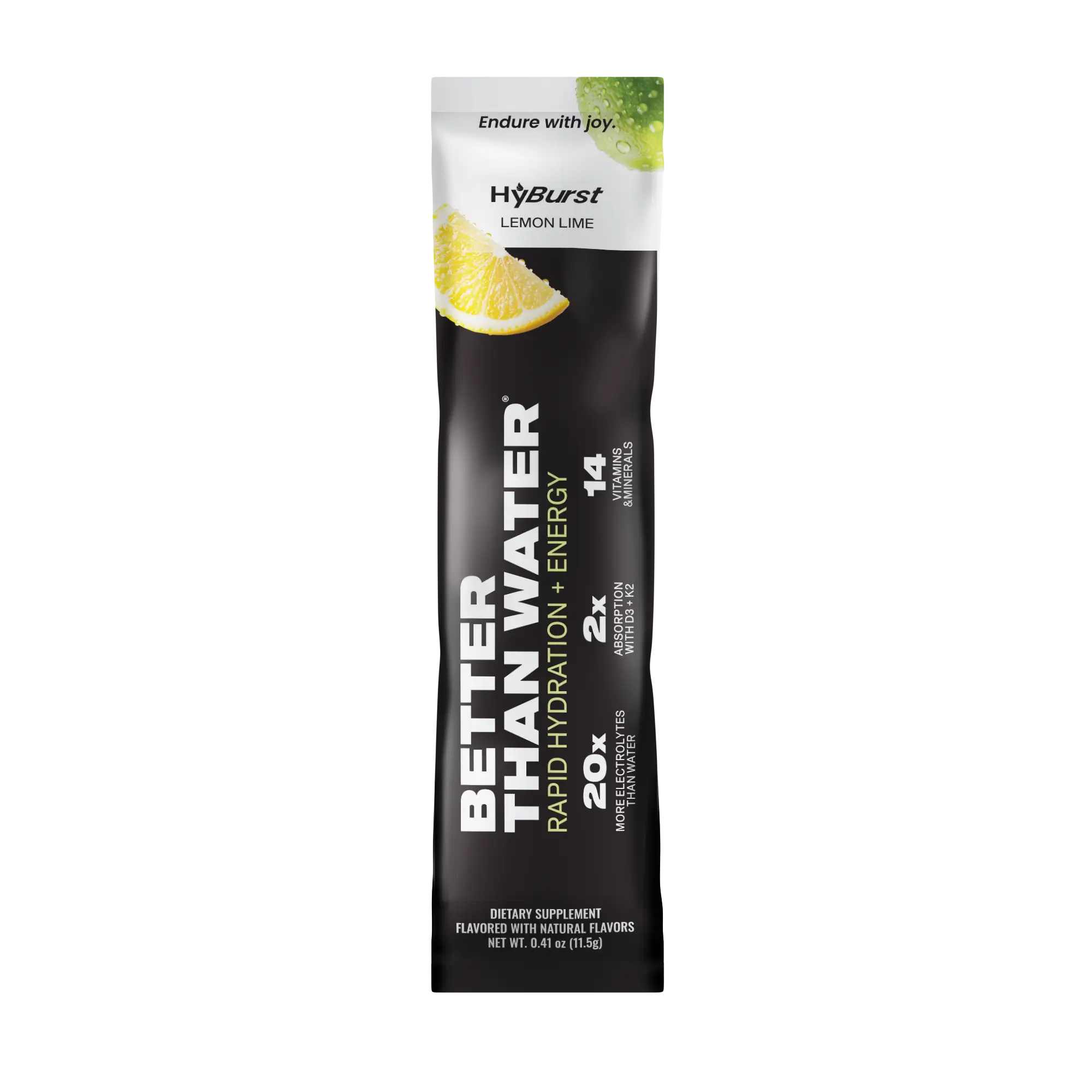 Hydration powder package with lemon lime flavor on a white background