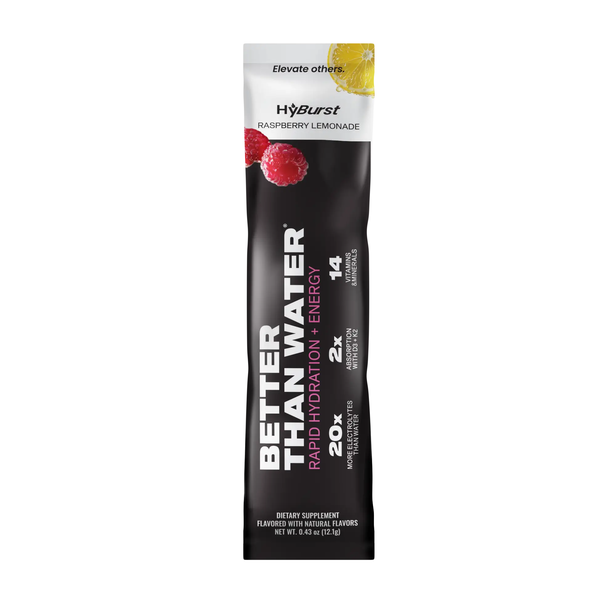 Hydration powder package with raspberry lemonade flavor on a white background