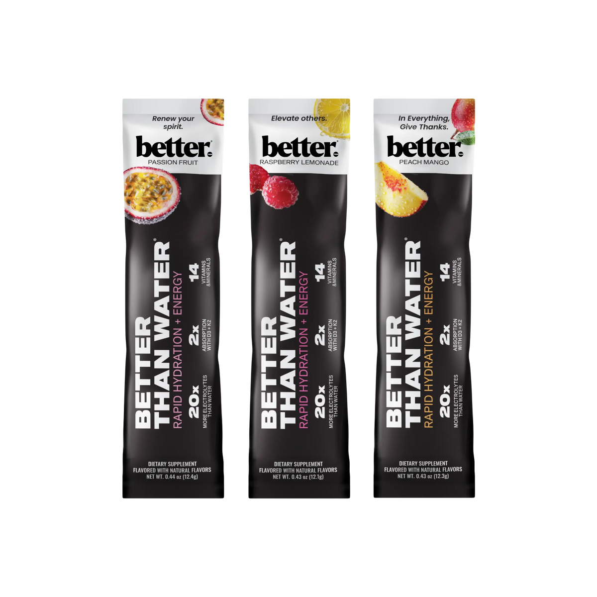 3 Better Than Water hydration stick packs in passion fruit, raspberry lemonade and peach mango