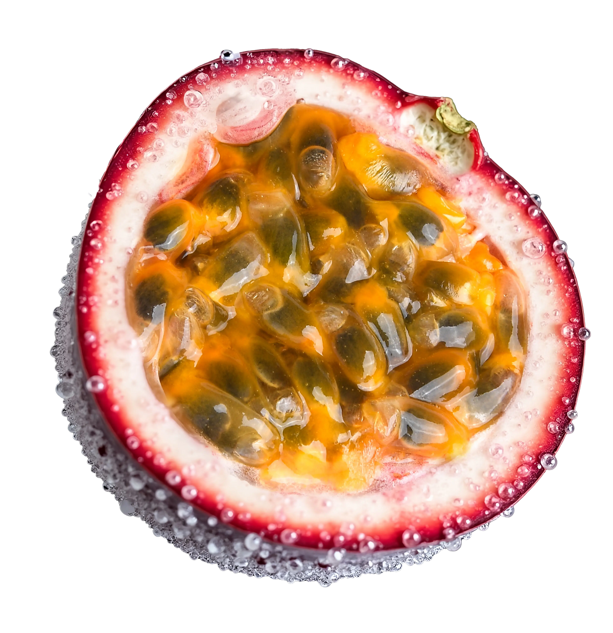 Halved passion fruit with seeds on a white background