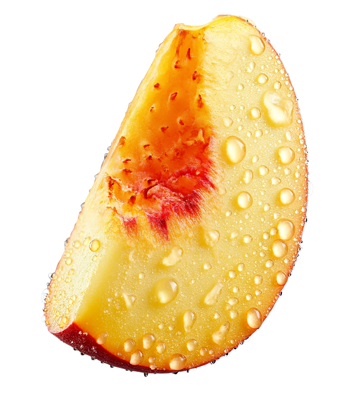 Sliced peach with water droplets on a white background