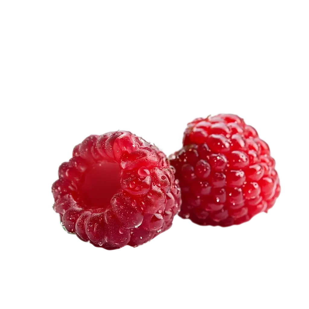 Two fresh raspberries with water droplets on a white background